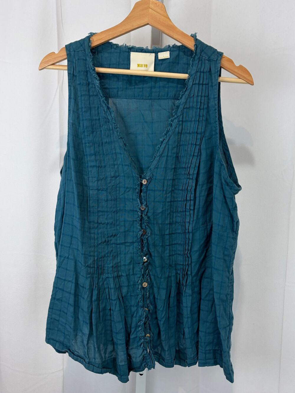 MAEVE Anthropologie Tank Top Button Up V Neck Pintuck Pleat Frayed Teal Blue L